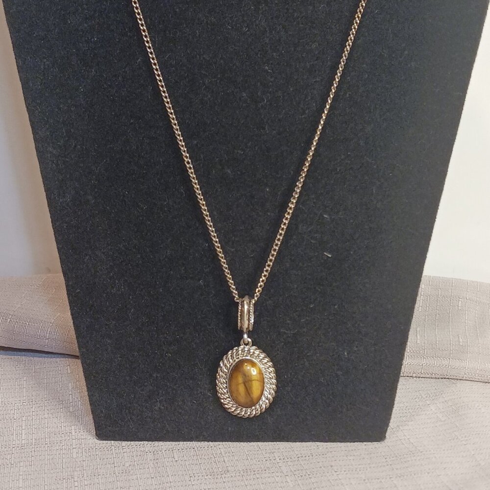 Avon Silver Tone Glass Tiger Eye Necklace